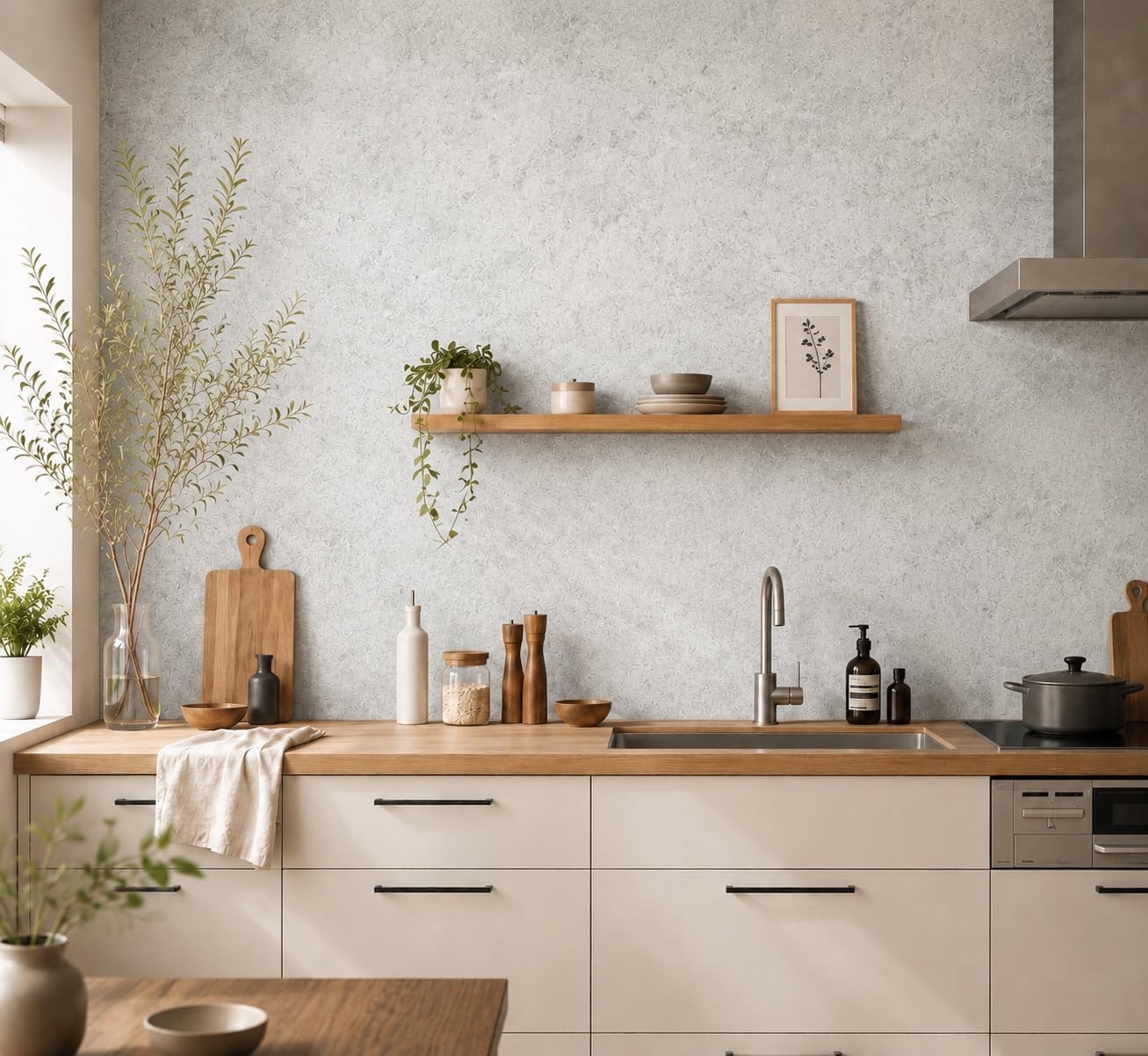 Light gray concrete-look kitchen wall with wooden shelving and pale cabinets