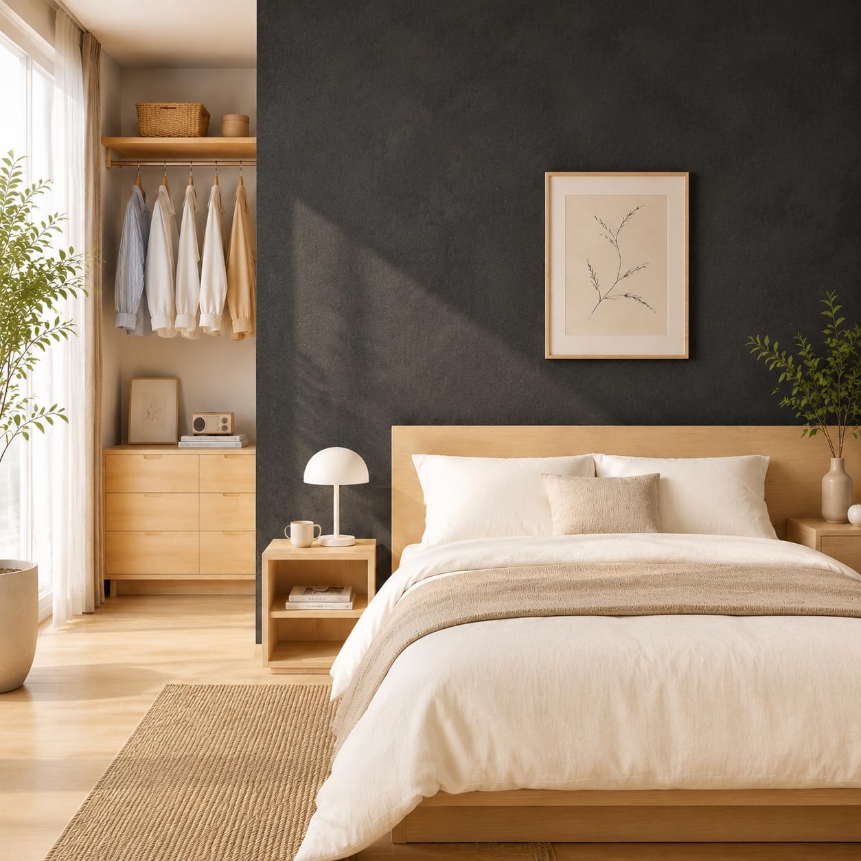 Dark gray concrete-look bedroom wall behind a wooden bed